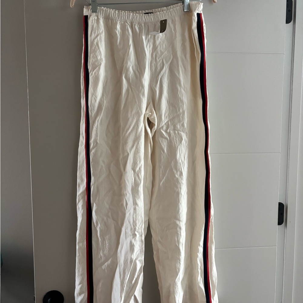 J. Crew Cream Silk Pants with Red and Black Stripes